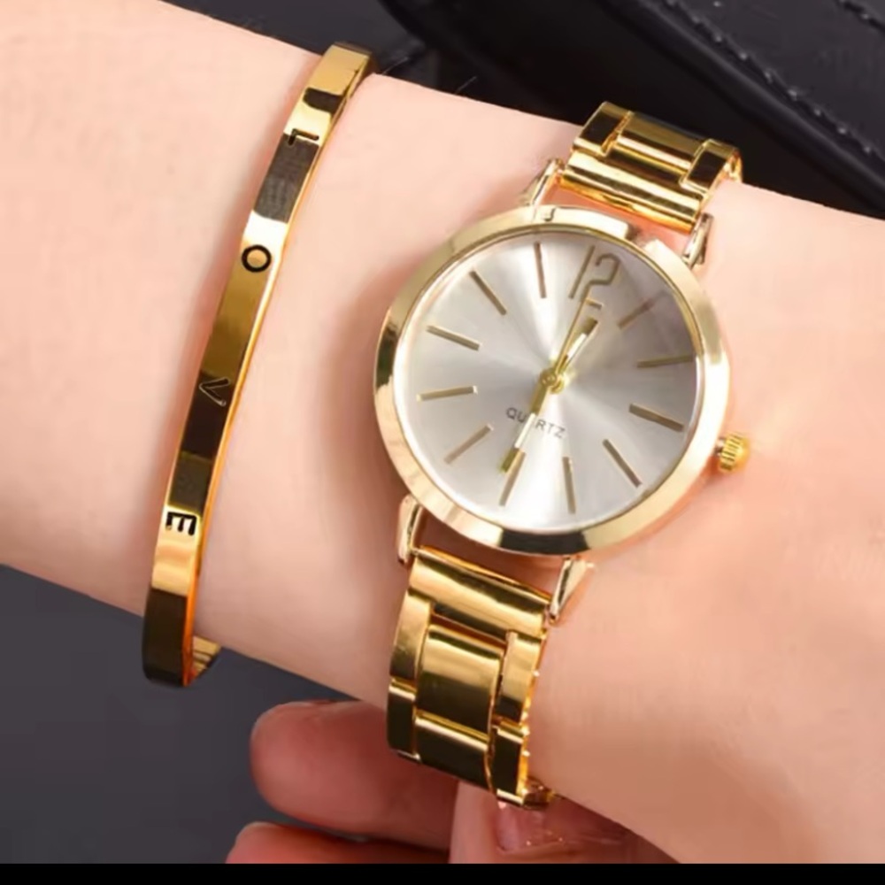 Gold Women's Watch and Bracelet Set